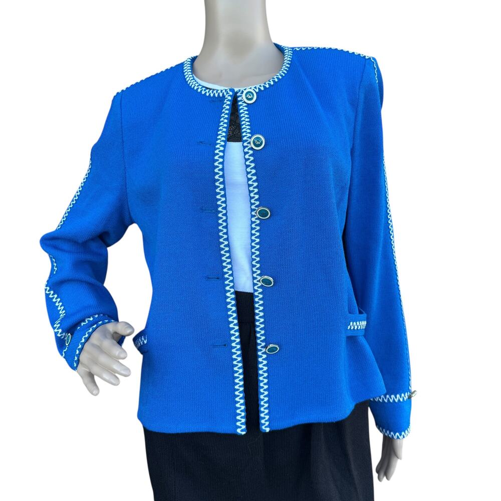 St John Collection Santana Knit Jacket Cobalt Blue White Trim Blazer Cardigan 8